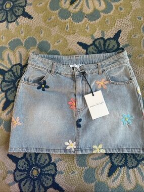 Papermoon Light Wash Denim Mini Skirt with Multicolor Floral Embroidery
